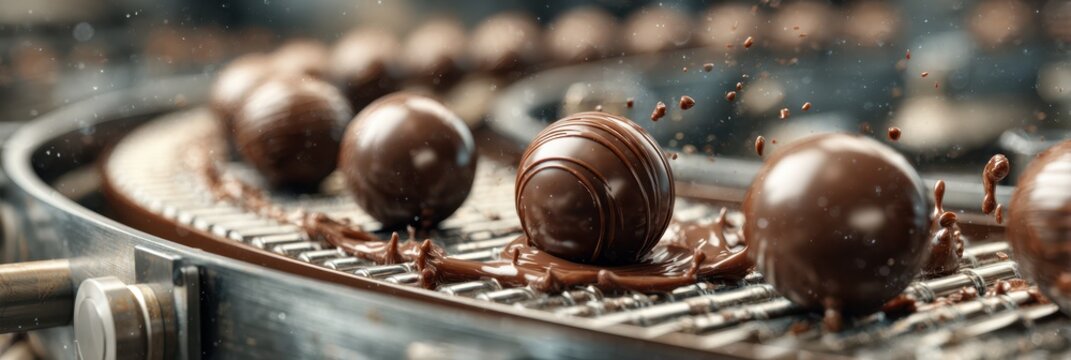 Chocolate balls being formed on a conveyor belt in a factory during production