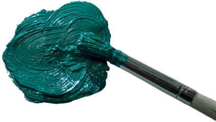 Palette and brush with teal-toned paint on transparent background.