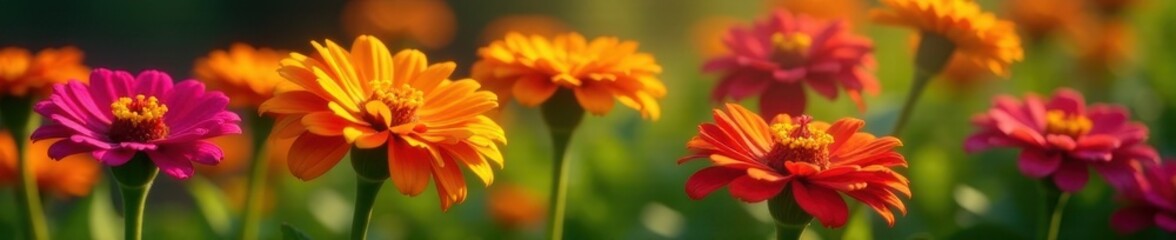 Vibrant orange & pink zinnias blooming in summer garden , closeup, colorful, plants