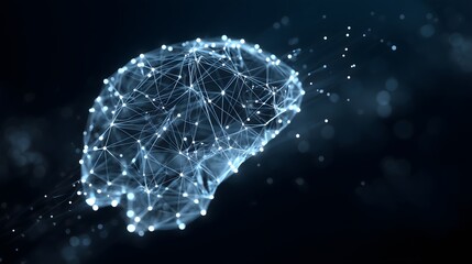 Digital brain made of glowing network connections, artificial intelligence concept with neural networks, futuristic technology symbolizing innovation, data science, and machine learning