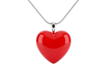A glossy red heart-shaped pendant hangs from a silver chain against a black background.