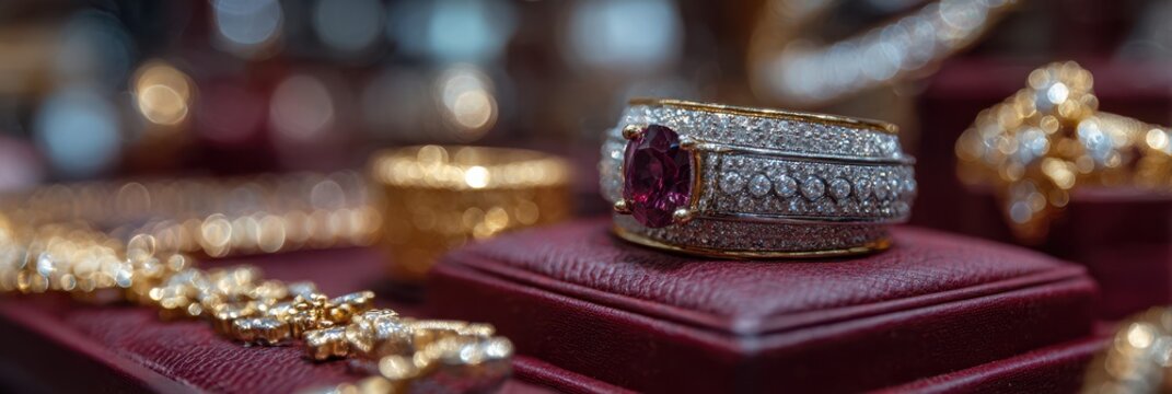 Elegant jewelry display featuring ornate rings and necklaces at a luxury store during evening hours