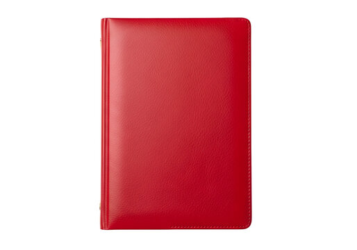 A vibrant, red leather-bound book or folder is presented against a stark black background.