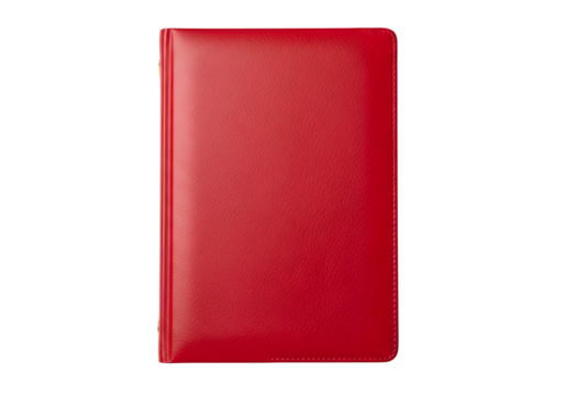 A vibrant, red leather-bound book or folder is presented against a stark black background.