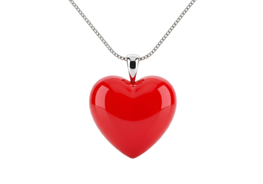 A glossy red heart-shaped pendant hangs from a silver chain against a black background.