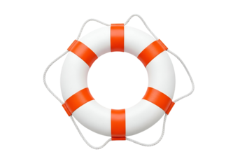 A bright orange and white life preserver stands out against a stark black backdrop.