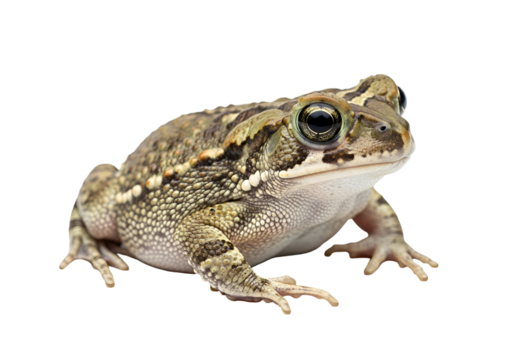 Close-up of a small toad, showcasing its intricate, mottled skin pattern against a stark black background.