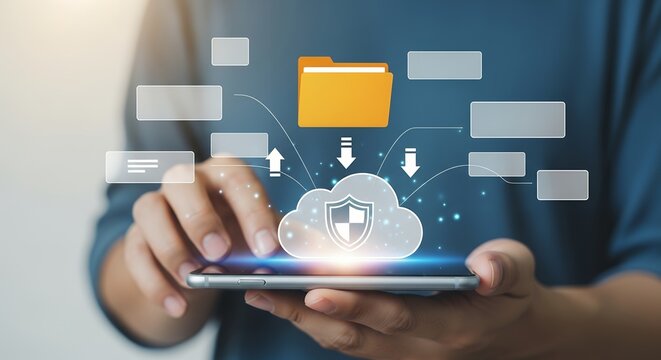 A person uses a smartphone displaying a digital interface featuring a folder icon connected to a cloud symbol with a shield and arrows indicating data transfer