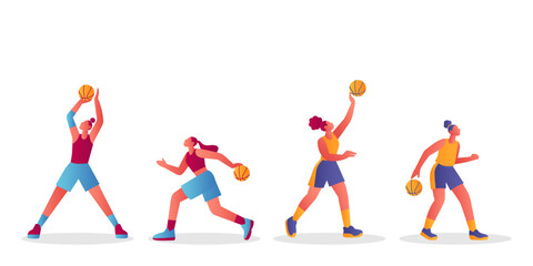 Basketball players in action, stylized flat illustration