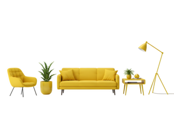collection of yellow modern furniture items including a sofa, chair, planter, table, lamp isolated on white or a transparent background for interior design, PNG format.
