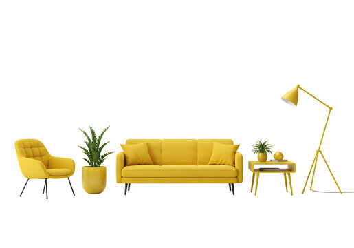 collection of yellow modern furniture items including a sofa, chair, planter, table, lamp isolated on white or a transparent background for interior design, PNG format.