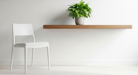Chair and green plant on wooden shelf in minimalist room