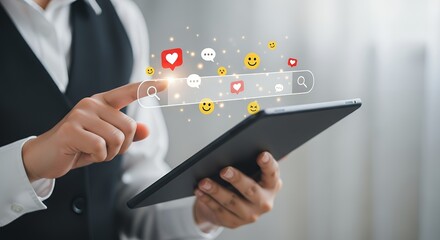 A person uses a tablet to interact with a digital search bar displaying social media icons like hearts speech bubbles and smiling emojis technology online