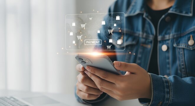 Person using smartphone for online payment with shopping cart icons and digital interface elements Online shopping Ecommerce Mobile payment Technology
