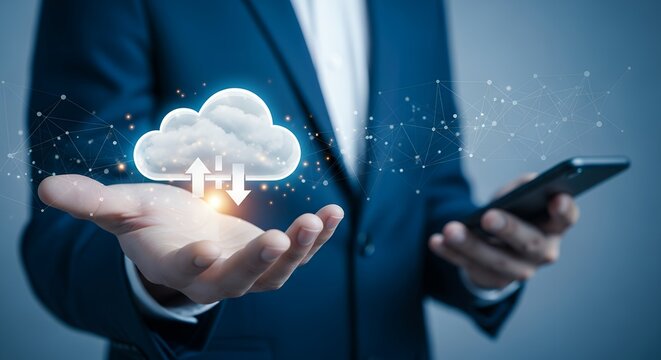 A businessman holds a glowing cloud icon with upload and download arrows in his palm while holding a smartphone in the other hand against a background with a digital network