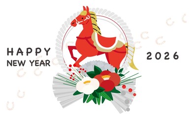赤い馬と正月飾りの2026年年賀状イラスト