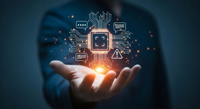 A person's outstretched hand holds a glowing digital circuit board illustration with chat bubbles and an alert symbol depicting technology and communication