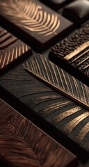Gourmet dark chocolate bars, tropical leaf design, close-up, studio shot, food photography, packaging