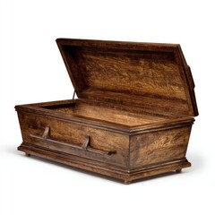Open wood coffin, studio shot, white background, funeral preparation
