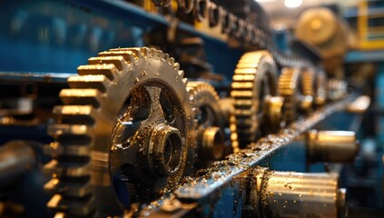 Factory Gear System Close-up Industrial Machinery Interlocking Gears in Motion