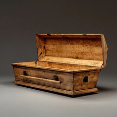 Antique wooden coffin open, studio shot, grey background, history, funeral