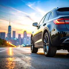 Modern SUV at dawn in city