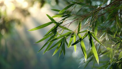 Sunlit Bamboo Leaves in Forest, Nature Background