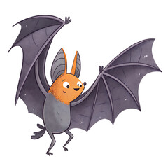 Fototapeta premium Illustration of a cartoon bat with orange head and gray body with wings spread wide open