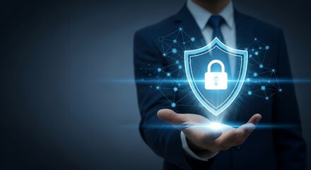 Man in suit holding illuminated digital shield with padlock icon and abstract network grid Security Protection Data Cyber Technology Business Internet