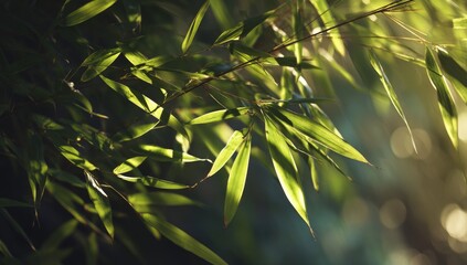 Sunlit Bamboo Leaves, Forest, Calm Background, Nature Photography