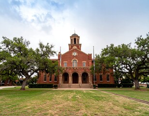 Historical Red Brick Building with Clock Tower Framed by Mature Oak Trees