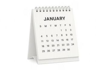 January calendar page on transparent background showing days and weeks