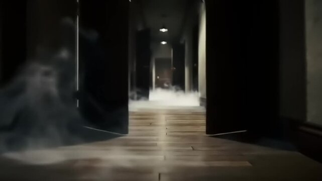 Smoky hallway with dark doors, and mystery.