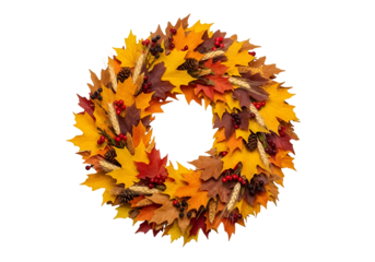 A circular wreath artfully composed of vibrant autumn leaves, colorful berries, and sprigs of wheat, creating a warm and inviting fall scene.