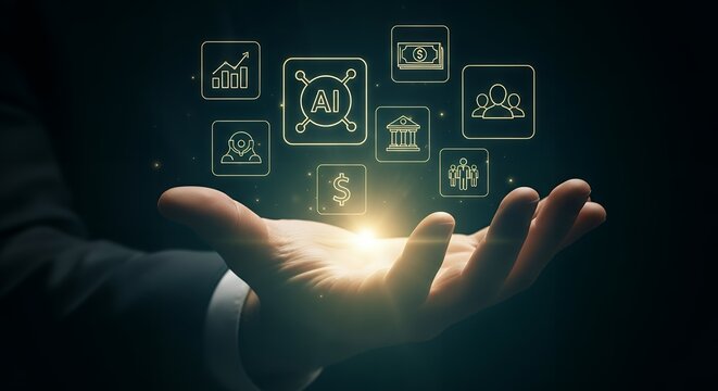 Businessman's open palm presenting a constellation of glowing digital icons depicting artificial intelligence finance and human resources AI money banking