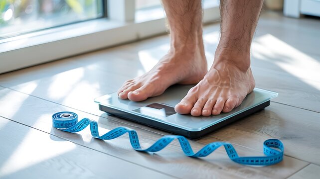 Tape in front of woman standing on floor scales indoors. Overweight problem