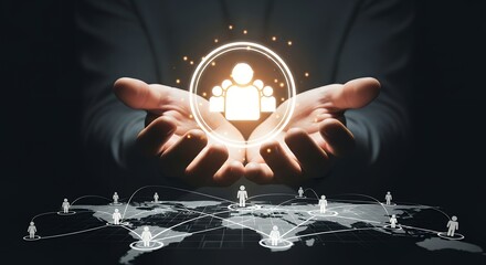 Hands holding a glowing circle with people icons above a world map showing global connections and distributed human figures network communication teamwork
