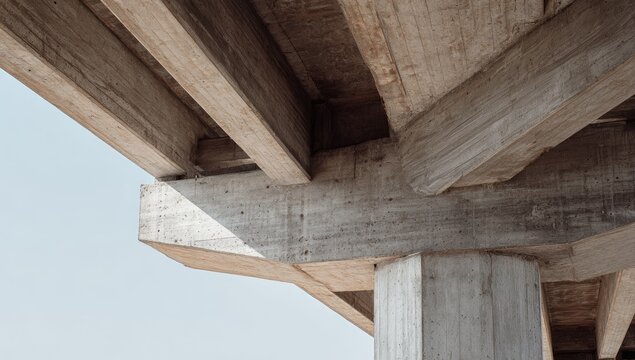Concrete bridge support beams, highway overpass, sunny day, architectural detail, construction - Powered by Adobe