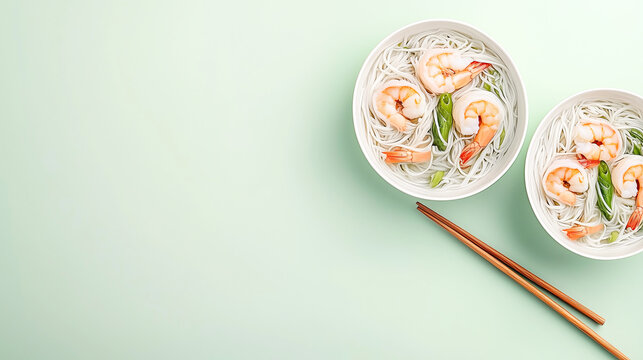 Two white plates with asian food udon with shrimp and wooden chopsticks on pale green background with space for text. - Powered by Adobe