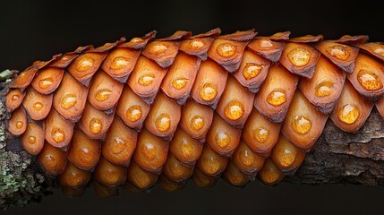 Detailed close-up of a pine cone showing intricate scale texture and water droplets forming