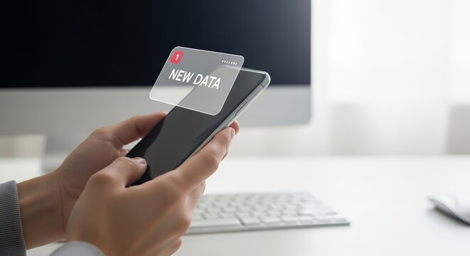Person holding a smartphone displaying a notification alert with the text NEW DATA and a numeric badge Mobile phone Message Update Information Digital