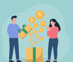 A man gives a gift of money, pouring coins into a box for a happy woman, illustrating charity, donation, financial support, and generosity