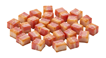 Pile of diced cooked bacon pieces on transparent background