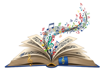 An open book filled with colorful musical notes, showcasing a vibrant and dynamic musical concept.