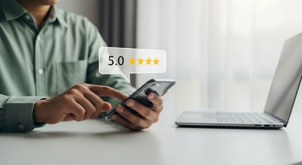 A person holds a smartphone displaying a five star rating stars mobile phone customer review feedback satisfaction experience survey online review digital rating