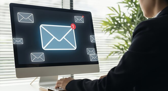 A person in a dark suit uses a computer displaying a digital interface with multiple email icons including one with a notification badge amidst a backdrop of blinds and greenery