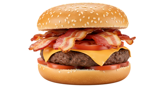 Close-up of a bacon cheeseburger with tomato on transparent background - Powered by Adobe