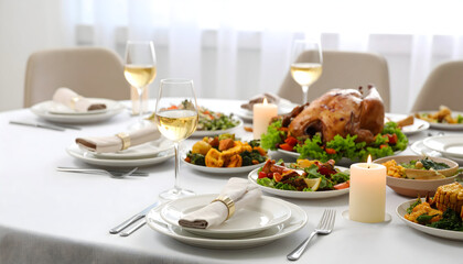 Elegant Holiday Dinner Table with Roast Turkey and Wine