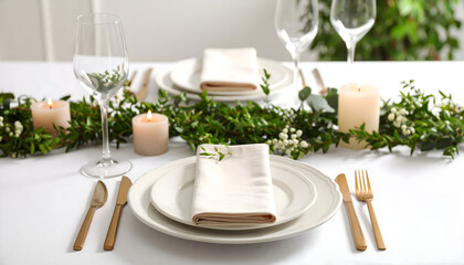 Elegant Dining Table Setting with Greenery Decor