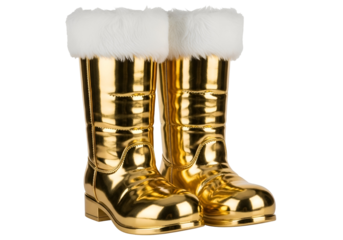 Two gleaming, golden boots with white fur trim stand out against a black backdrop, showcasing a rich, festive aesthetic.